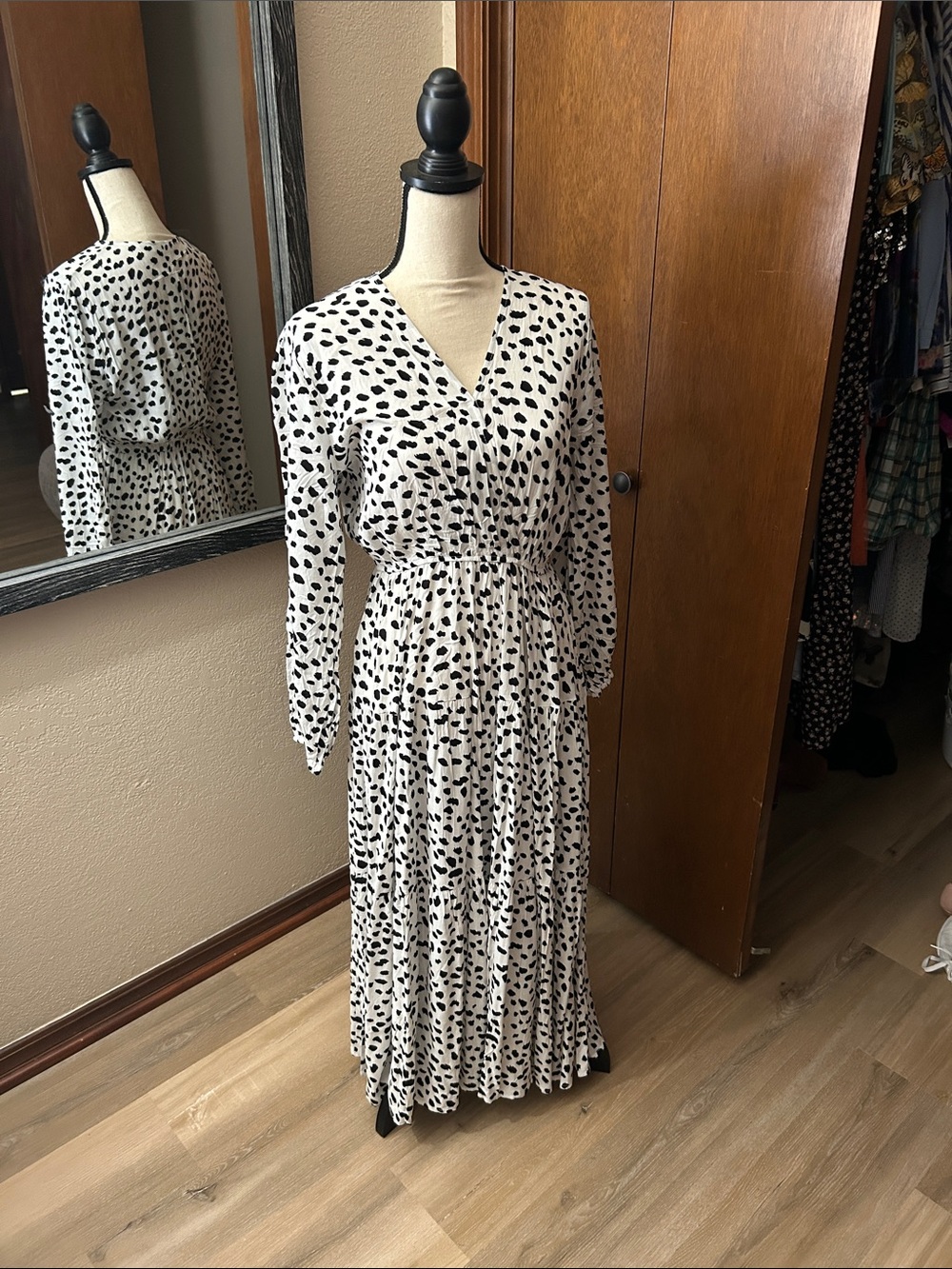 V-Neck White Maxi Dress with Black Spot Print